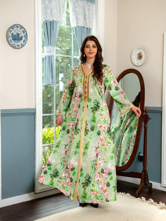 HAYA HAYA1075 Abaya Robe New Printed Rhinestone Dress