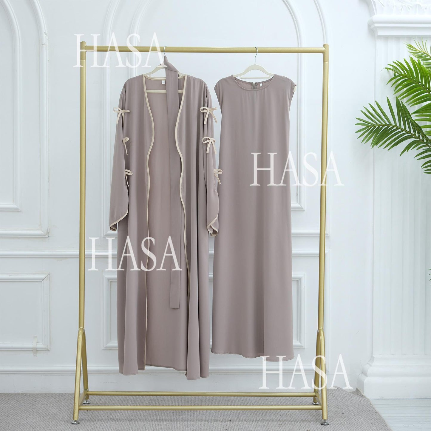 HA5883  A Two-piece Robe and Skirt Set with A Soft Bow and A Belt Design open abaya outfit