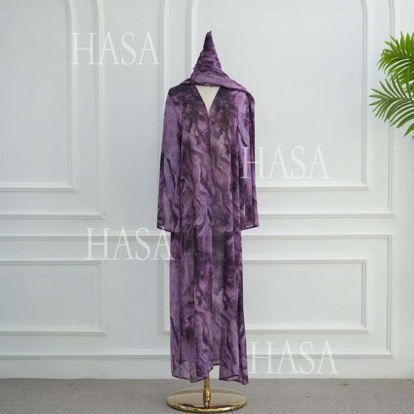 HA6551 Printed Abaya Cardigan with Matching Scarf Two-Piece Set
