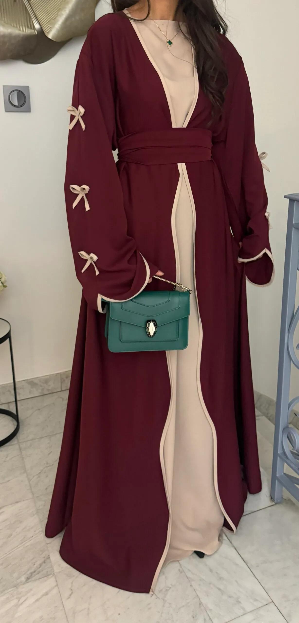 HA5883  A Two-piece Robe and Skirt Set with A Soft Bow and A Belt Design open abaya outfit