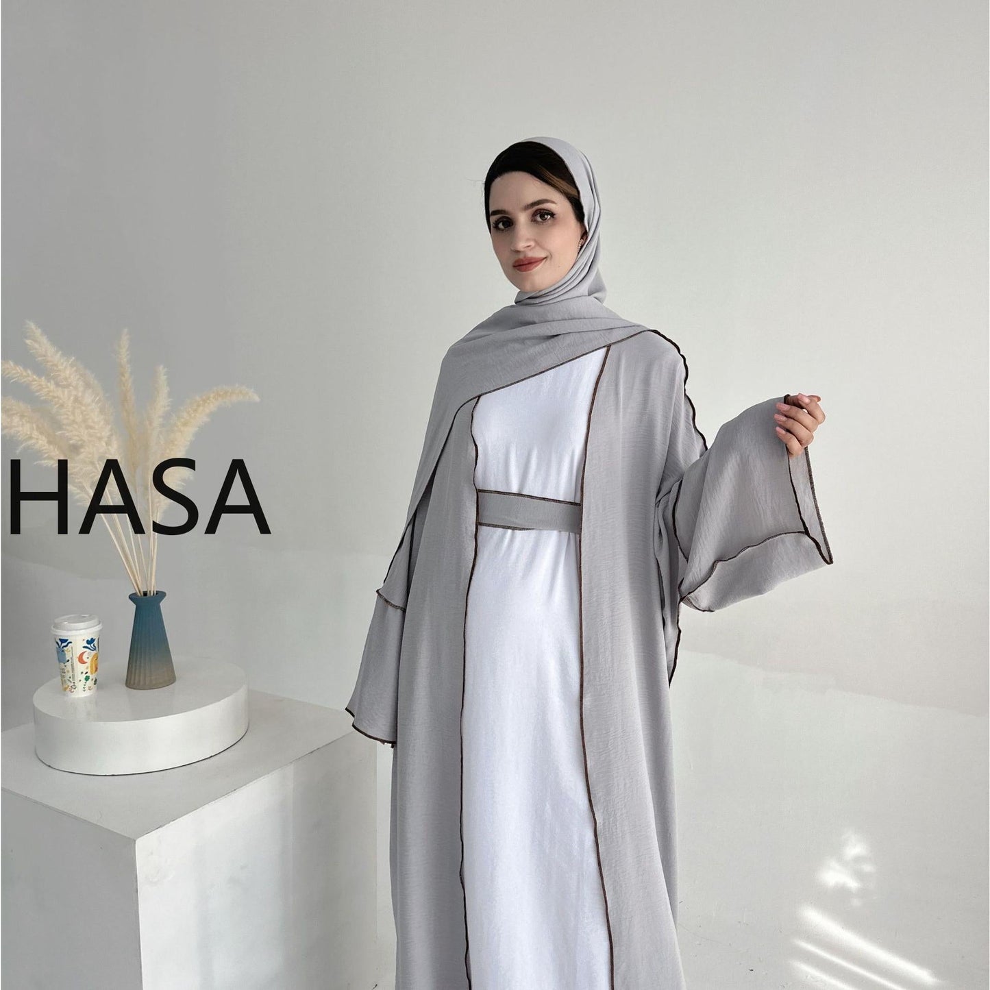 HASA HA1246H 2 PCS SET Crepe Solid Color Loose Hem Cardigan Robe with Hijab
