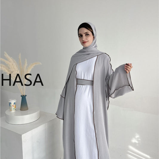 HASA HA1246H 2 PCS SET Crepe Solid Color Loose Hem Cardigan Robe with Hijab
