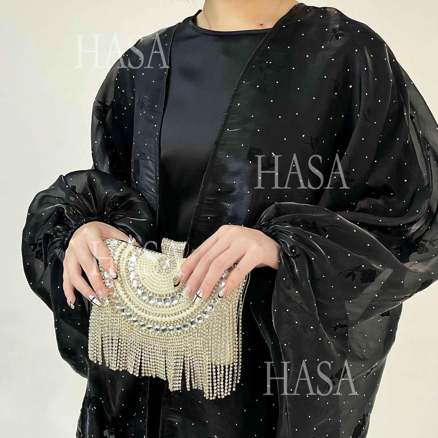 HA6536 Elegant Rose Pattern Abaya Outer Dress Set