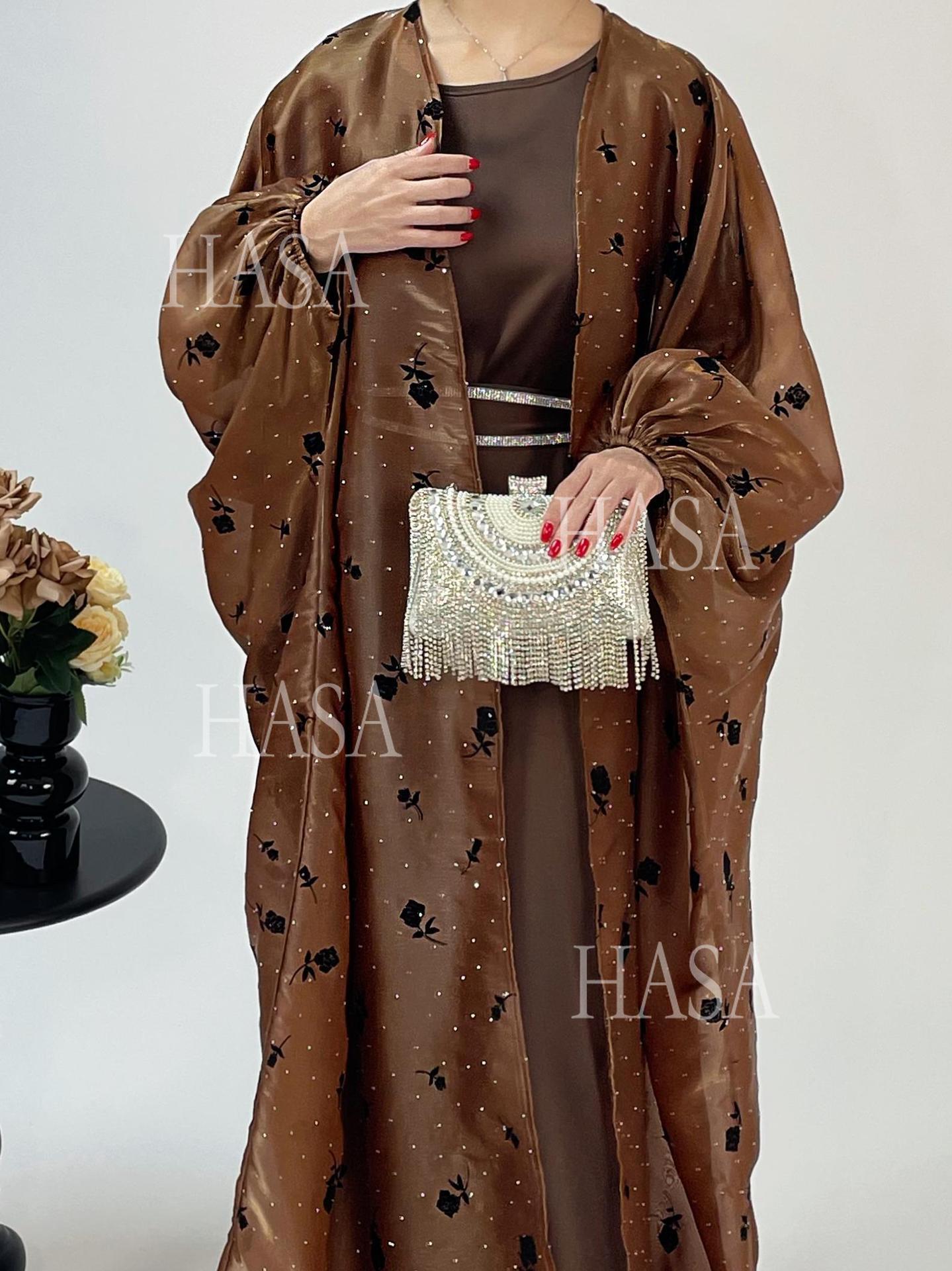HA6536 Elegant Rose Pattern Abaya Outer Dress Set