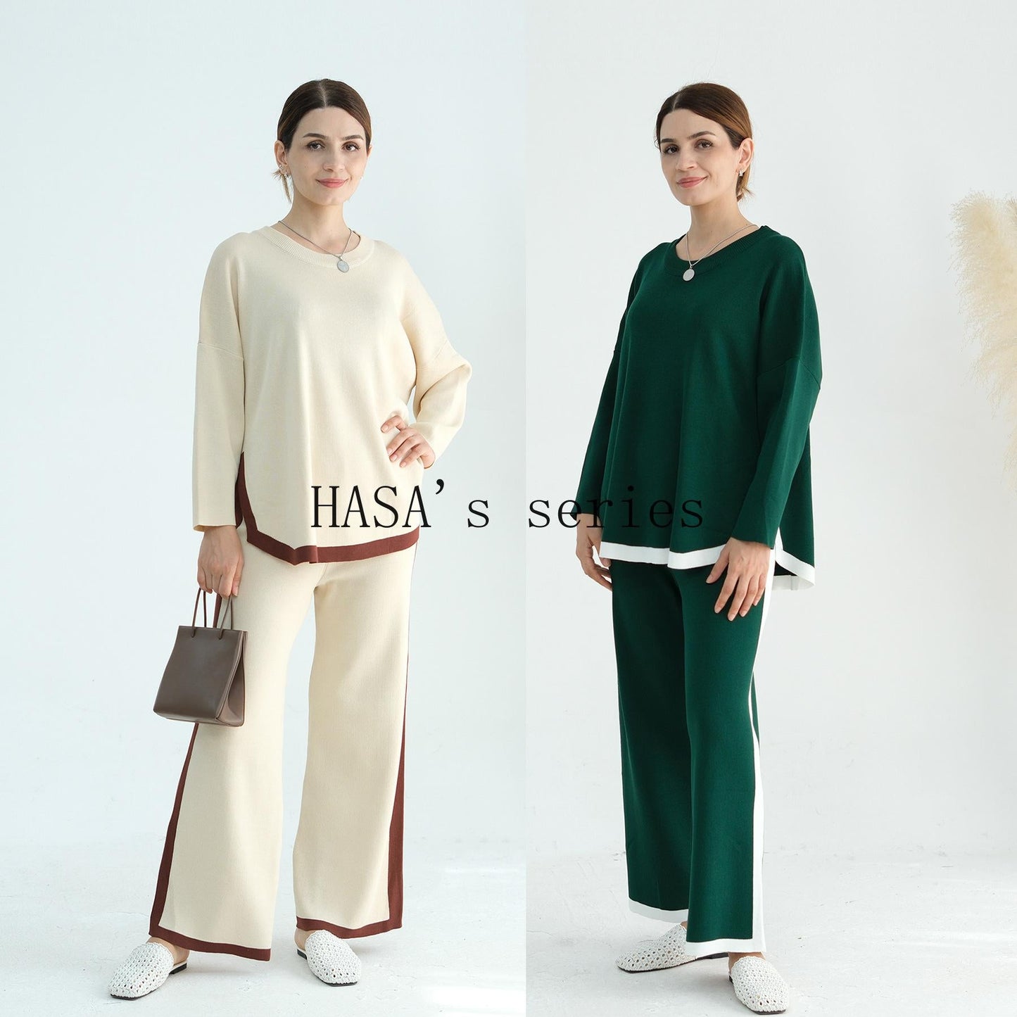 HS5149 Simple and elegant knitted set, featuring a loose-fitting, thick, long-sleeved two-piece design.