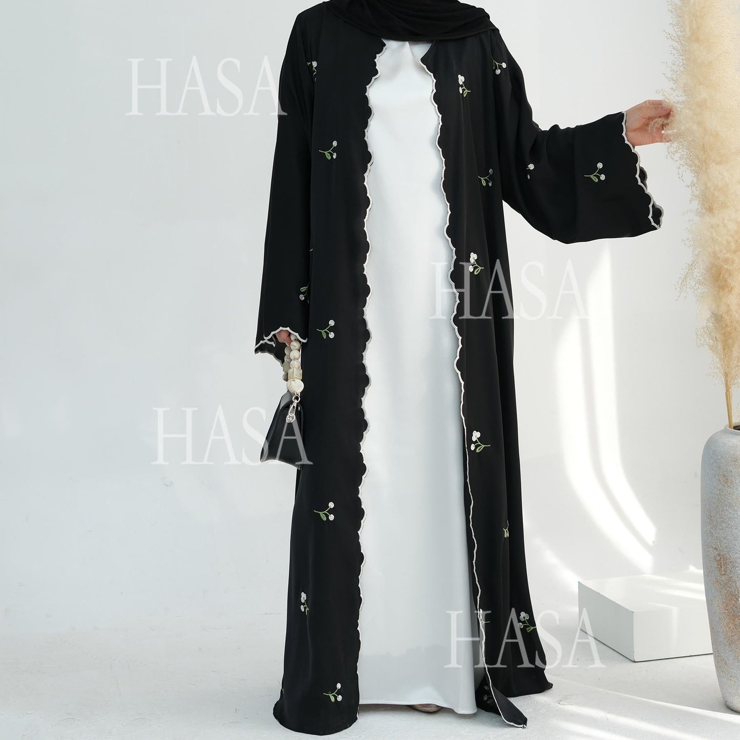 HA6472 Longline Cardigan with Delicate Floral Details and Curved Edging
