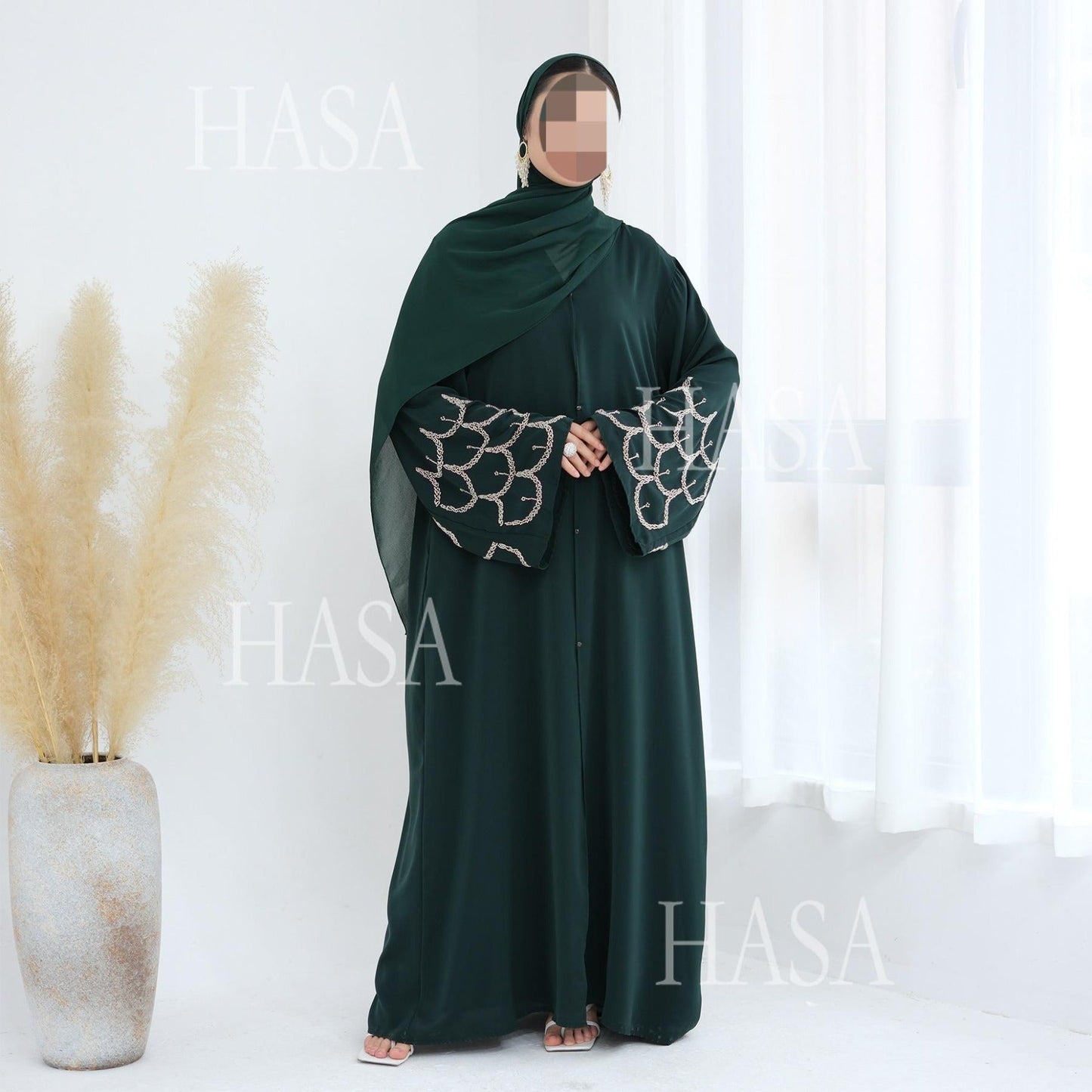 HA6608 Solid Color Hand-beaded Long Cardigan (headscarf Not Included)