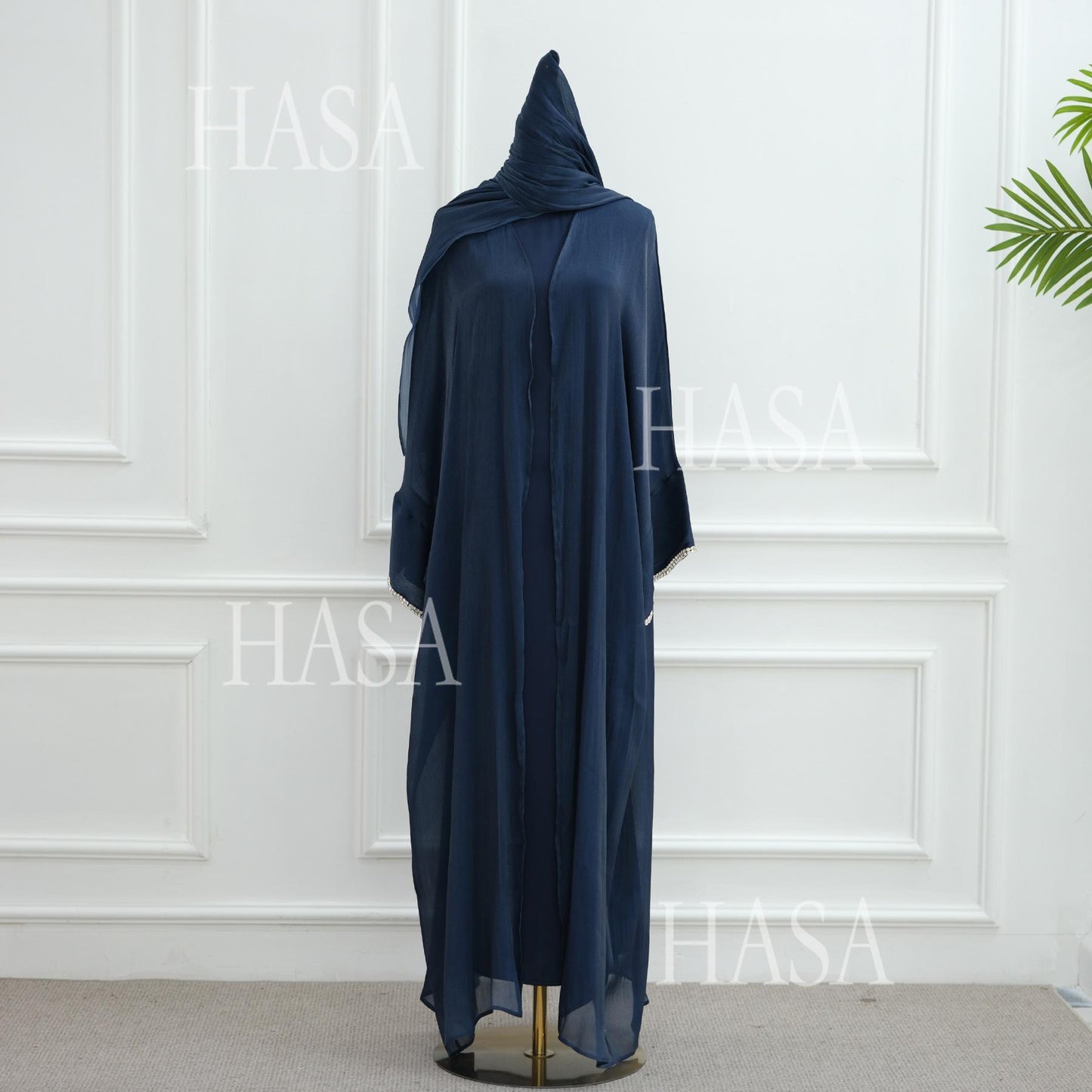 HA6553  Two-Piece Solid Abaya with Beaded Details and Matching Scarf Option