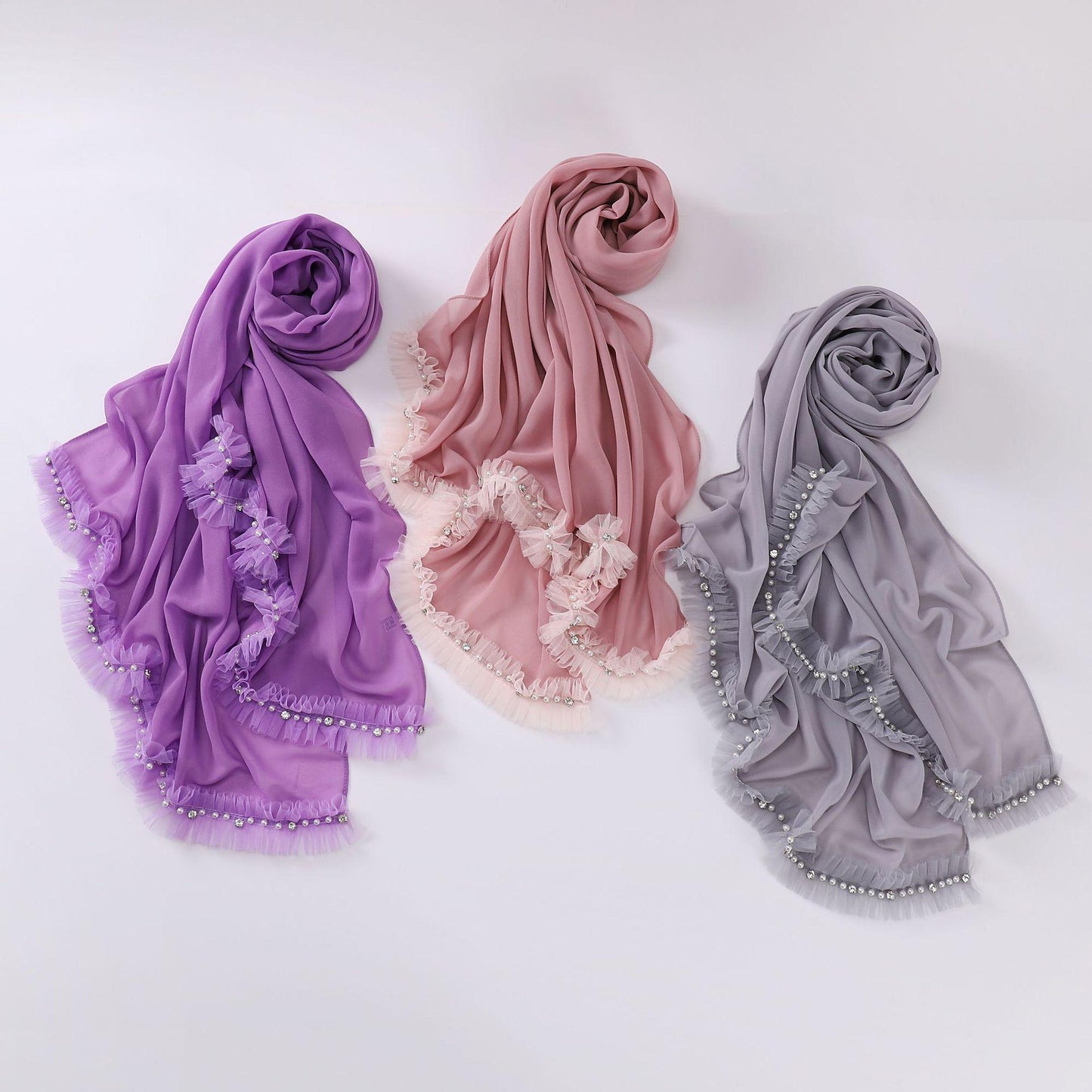 HAYA HA1118 Pearl Chiffon Lace Headscarf