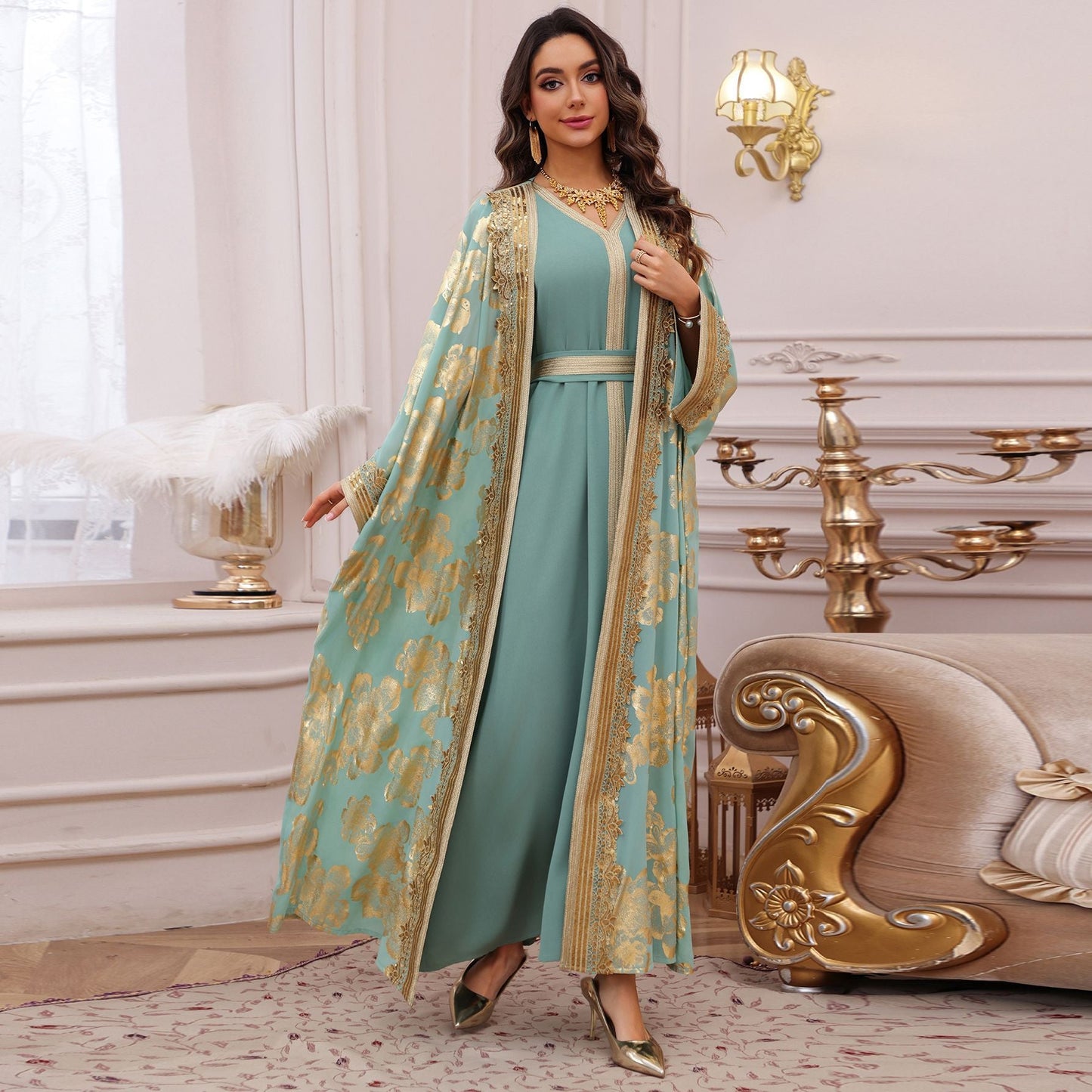 HA6643 Two-piece robe dress with gold foil stamping