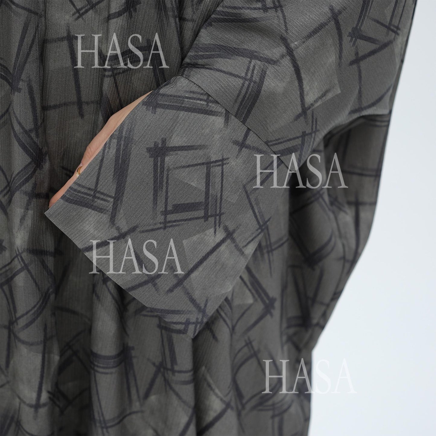 HA6504 Grey geometric print long cardigan Abaya (headscarf not included)