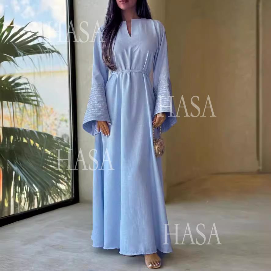 HA6490 Embroidered Panel Sleeve Long Dress