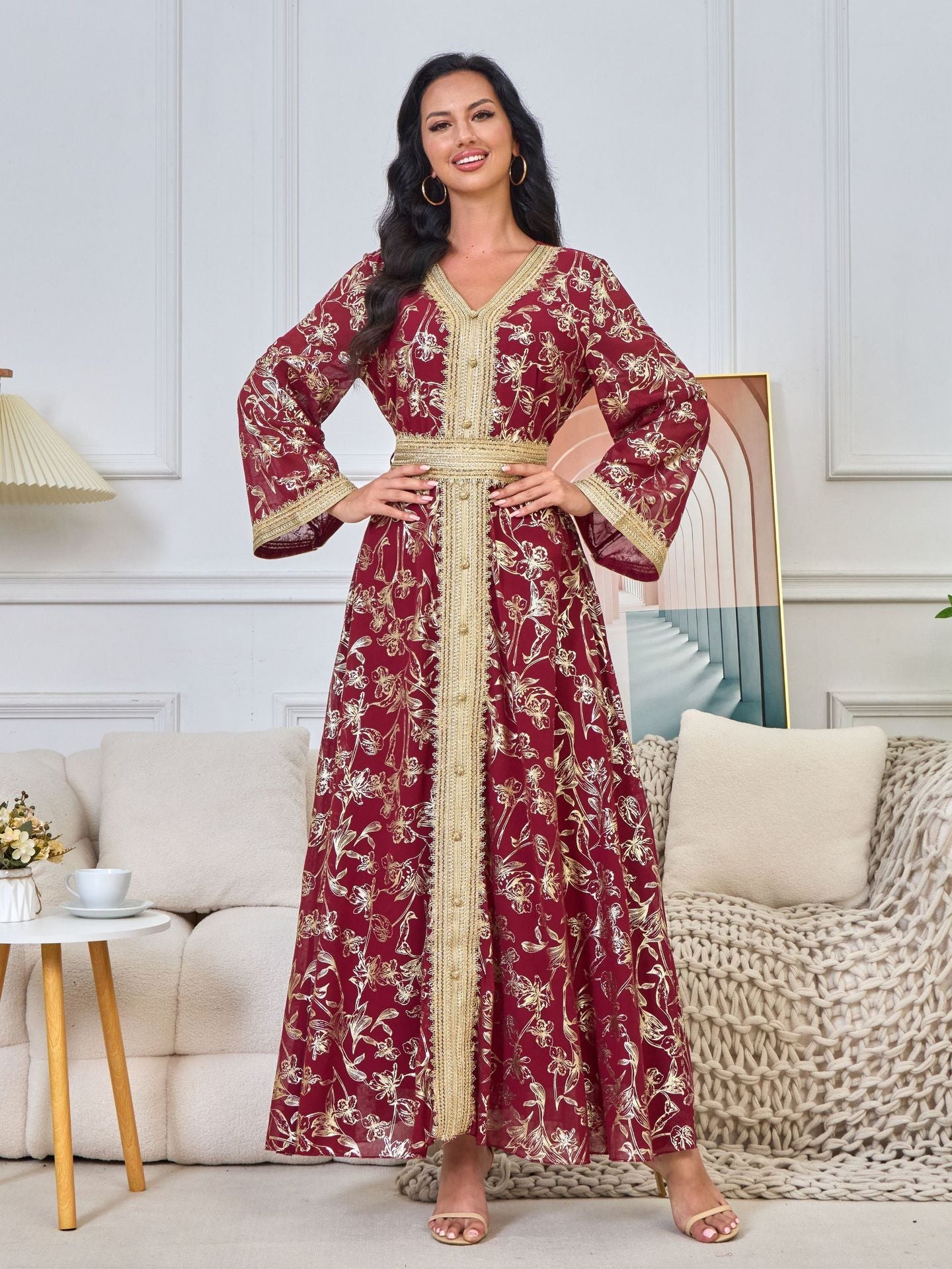 HA1249 Elegant Floral Abaya with Golden Detailing
