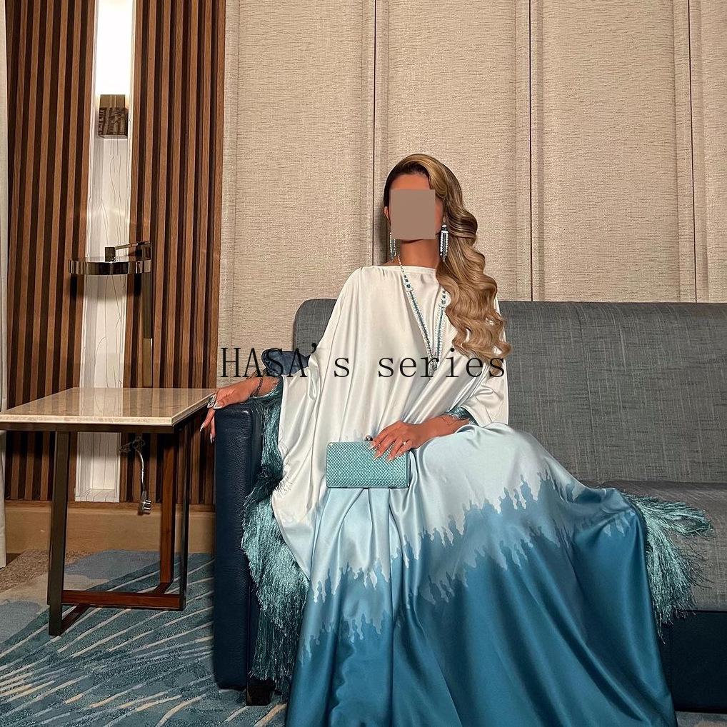 HS5095 Romantic Gradient Fringed Robe, Elegant Printed Long Dress