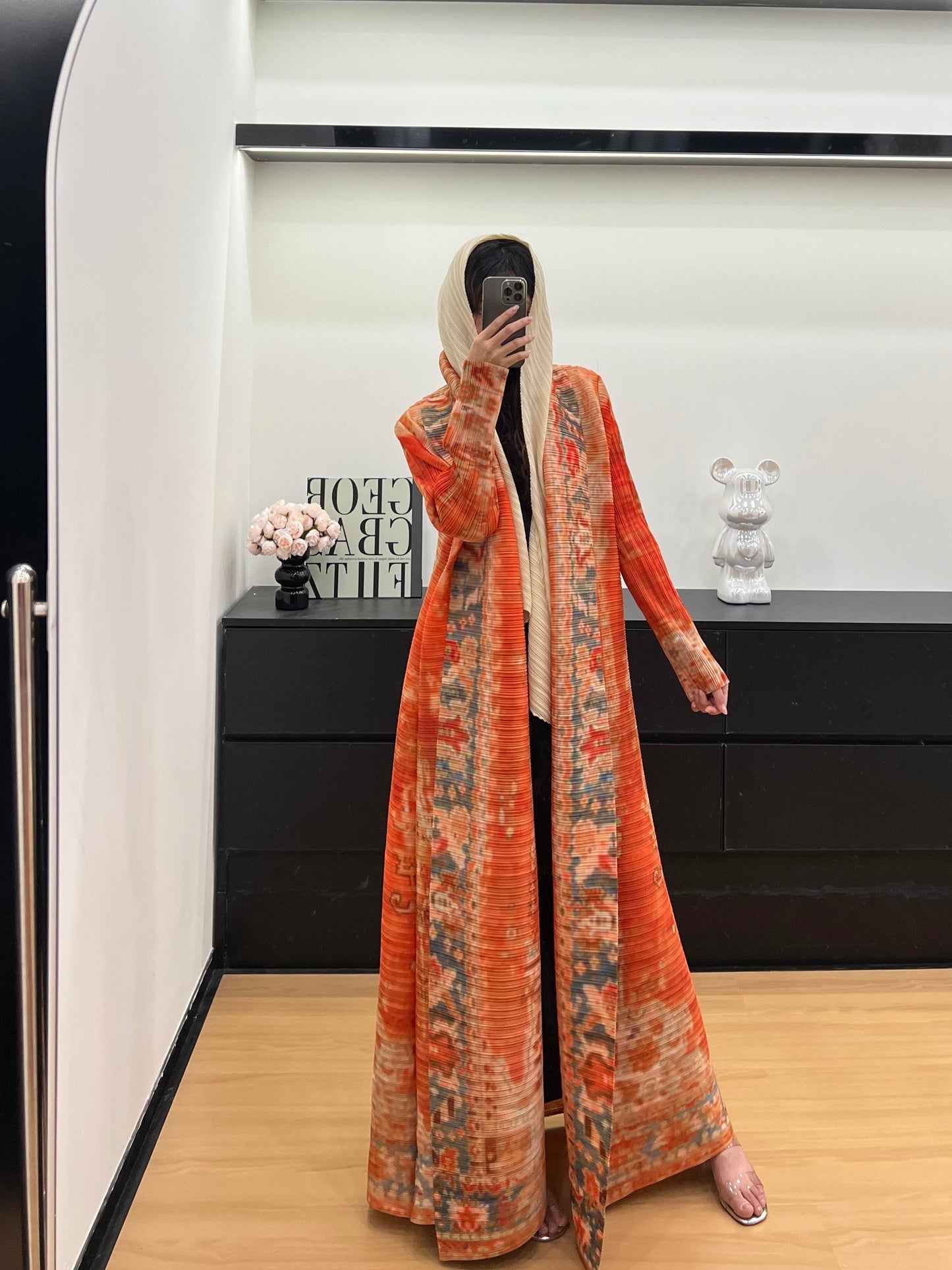 HASASERIES HS6714 Desert Bloom Vibrant Orange Abaya with Floral Prints