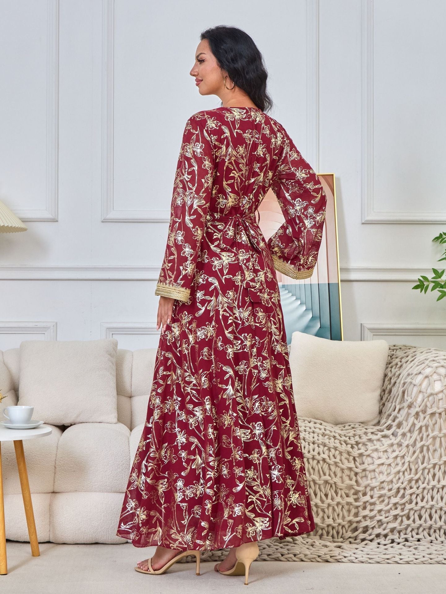 HA1249 Elegant Floral Abaya with Golden Detailing