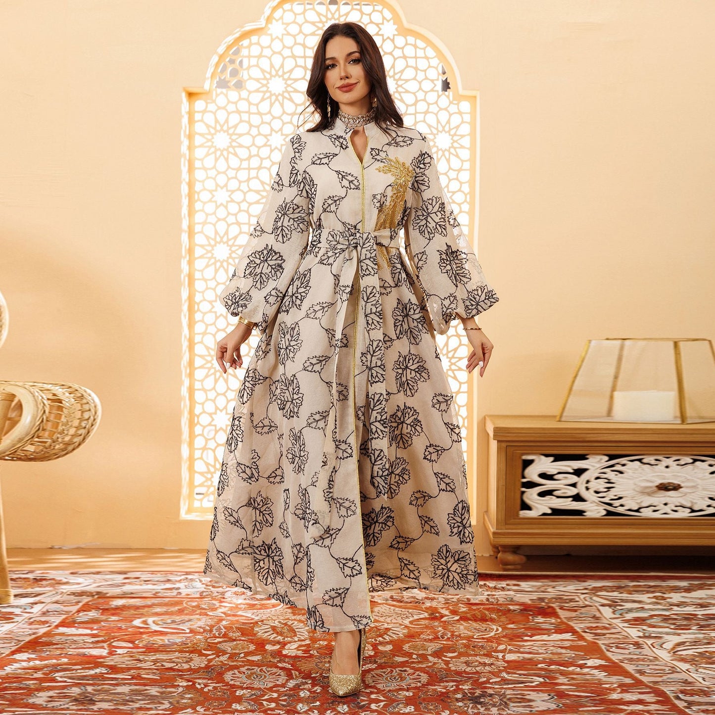 HA6651  Floral Print Long Dress, Elegant Stand-up Collar Evening Gown