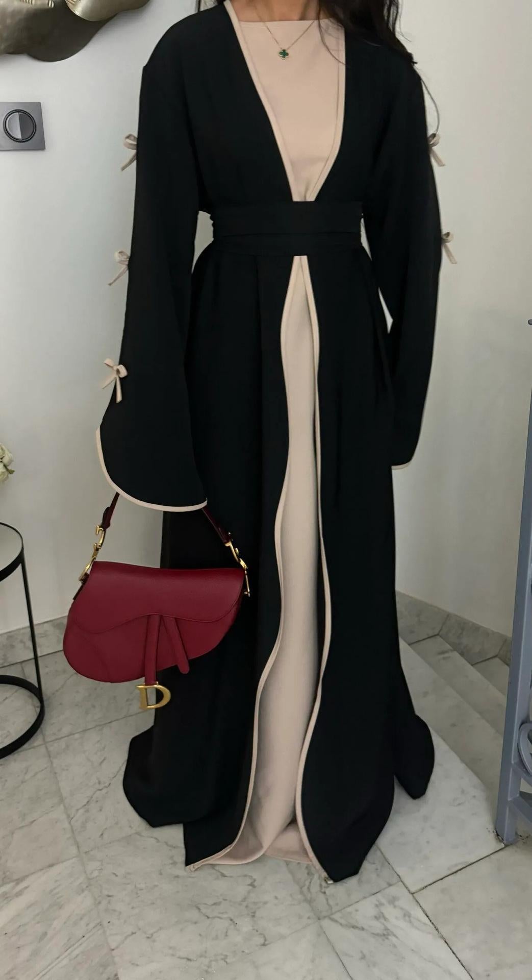 HA5883  A Two-piece Robe and Skirt Set with A Soft Bow and A Belt Design open abaya outfit
