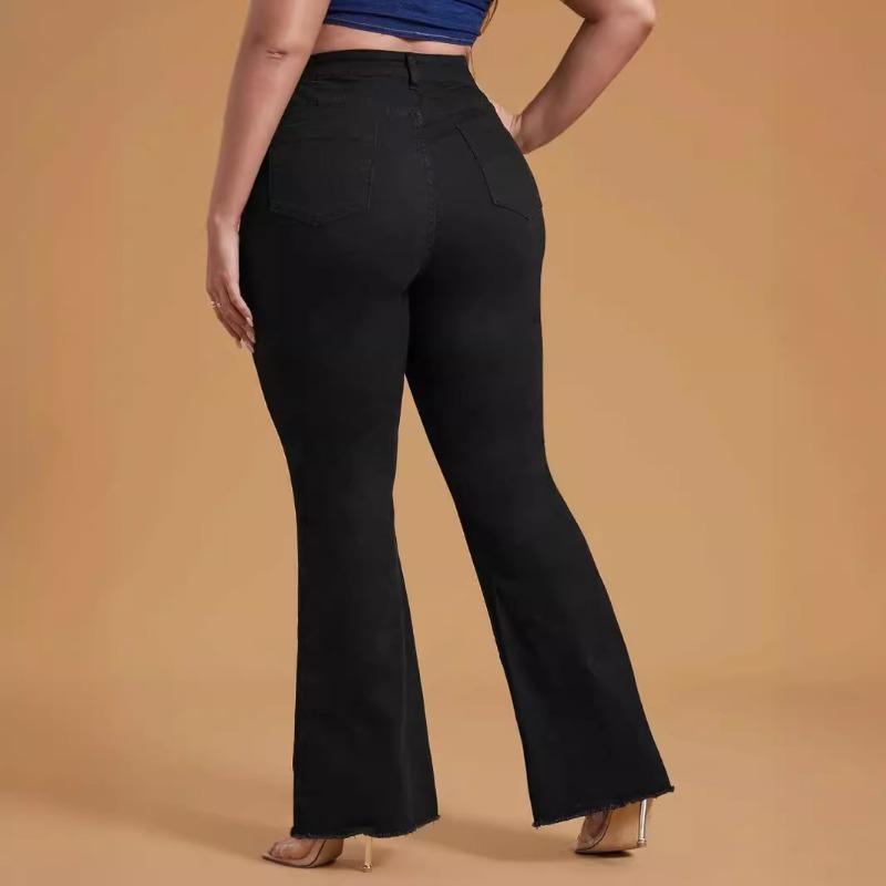 HS2331 Plus Size Black Stretchy Frayed-hem Wide-leg Flare Jeans