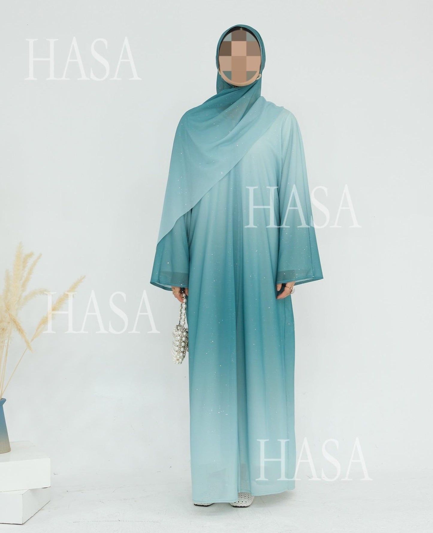 HA6617 Gradient Color Long Cardigan Two-Piece Set (Including Headscarf)