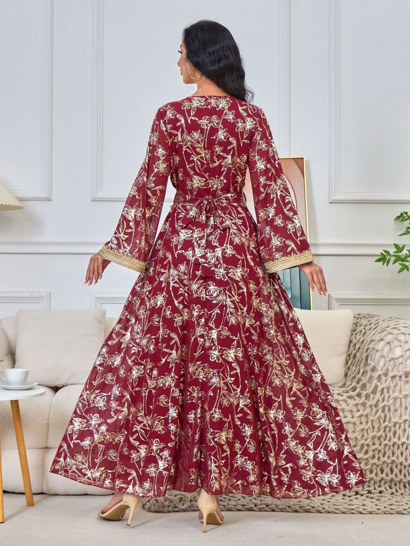 HA1249 Elegant Floral Abaya with Golden Detailing