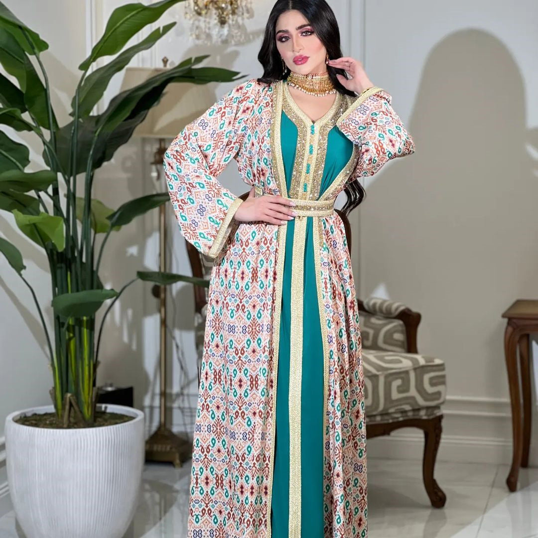 HA6644 Two-piece rhinestone-embroidered robe with understated luxury embroidery design