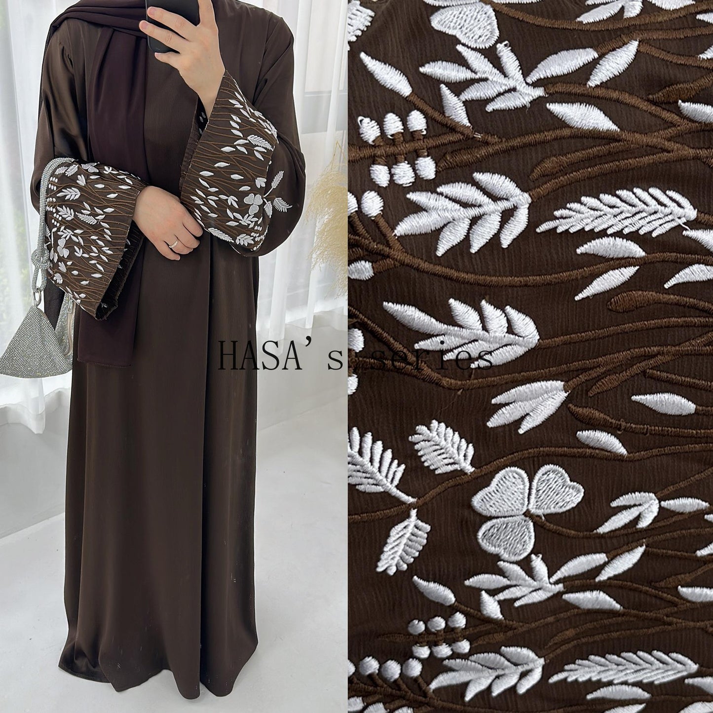 HS4832 A Long Robe with Leaf-patterned Embroidery, Showcasing Subtle Yet Exquisite Texture.