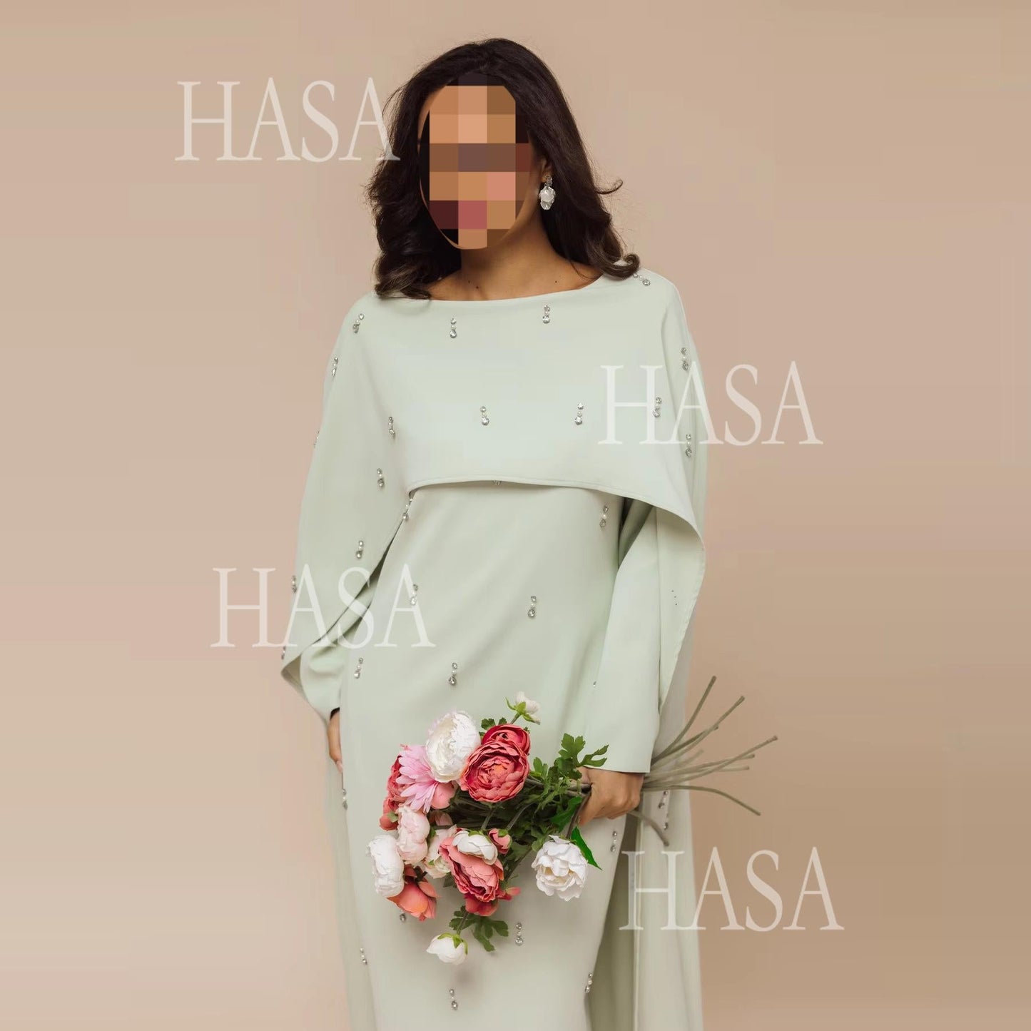 HA6505 Solid color beaded long dress with fake two-piece design
