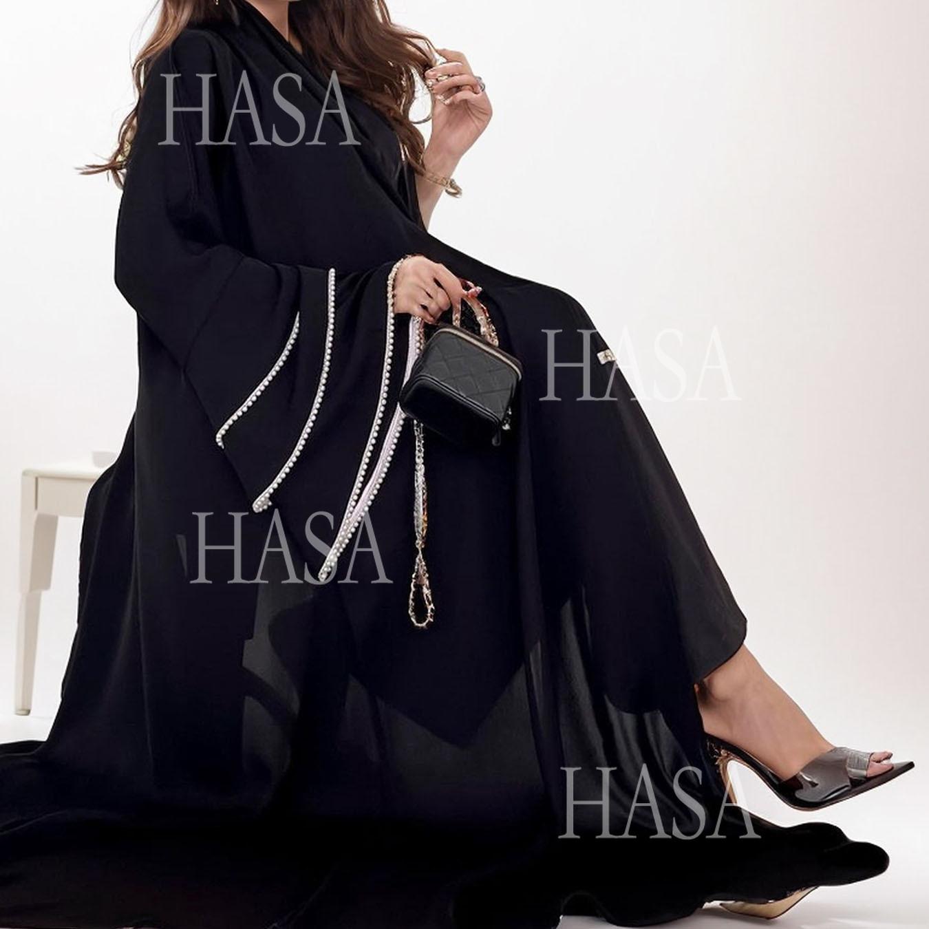 HA6543 Elegant Abaya with Hand-Embroidered Pearl Details