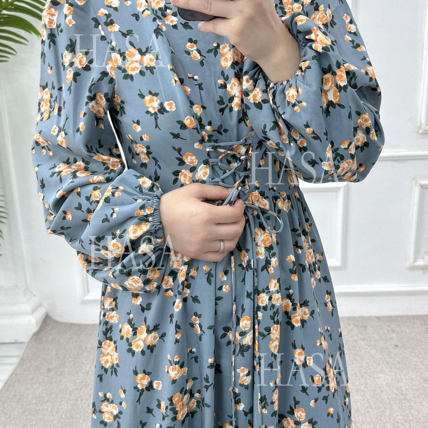HA6489 Long-sleeved Floral Maxi Dress with Natural Waist