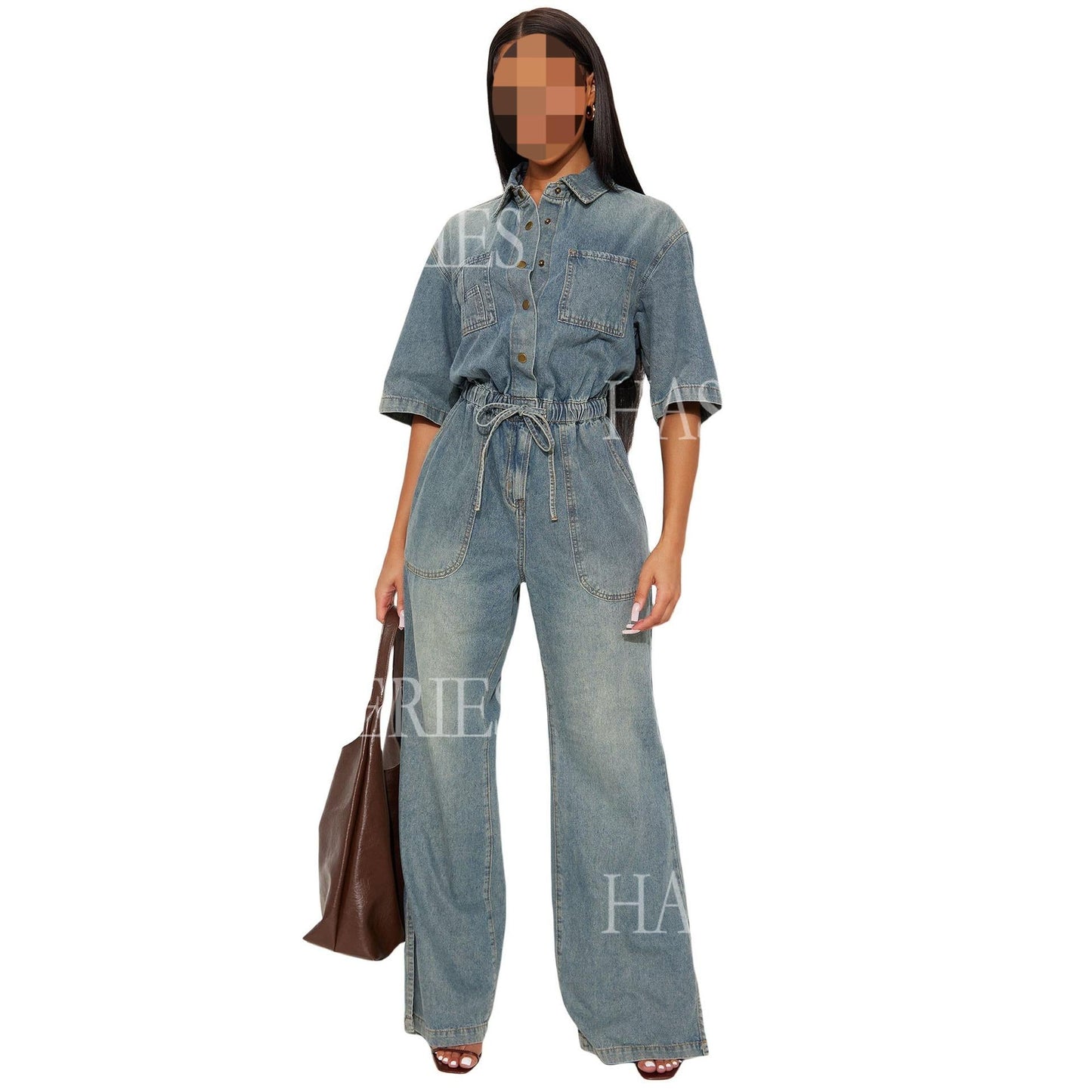 HASASERIES HS6686 Washed Denim Slim-fit Flared Jumpsuit