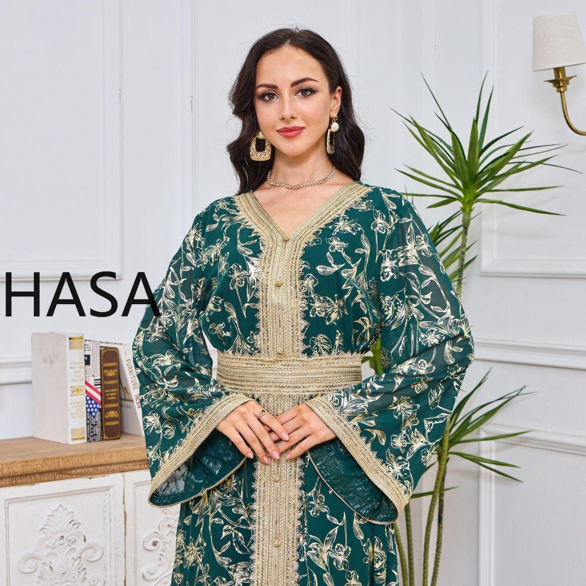 HA1249 Elegant Floral Abaya with Golden Detailing