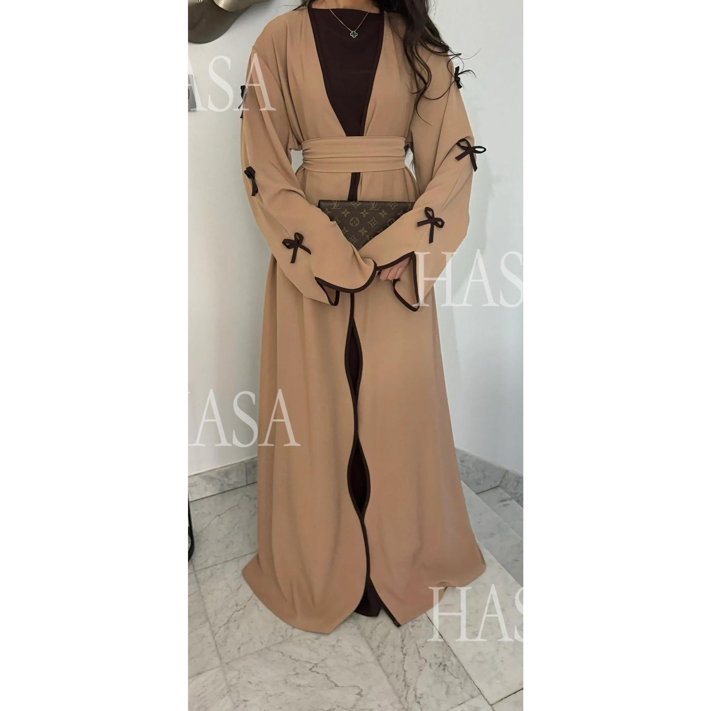 HA5883  A Two-piece Robe and Skirt Set with A Soft Bow and A Belt Design open abaya outfit