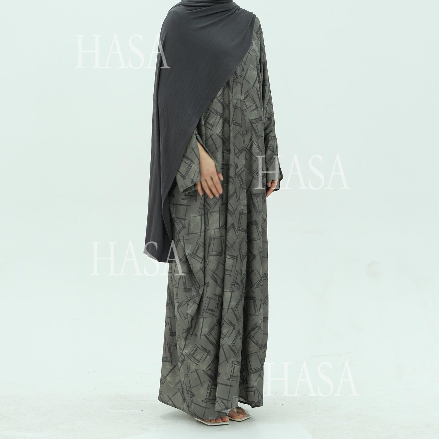HA6504 Grey geometric print long cardigan Abaya (headscarf not included)