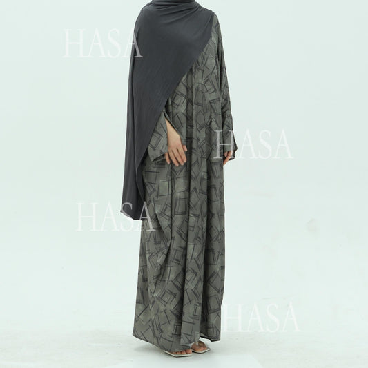 HA6504 Grey geometric print long cardigan Abaya (headscarf not included)