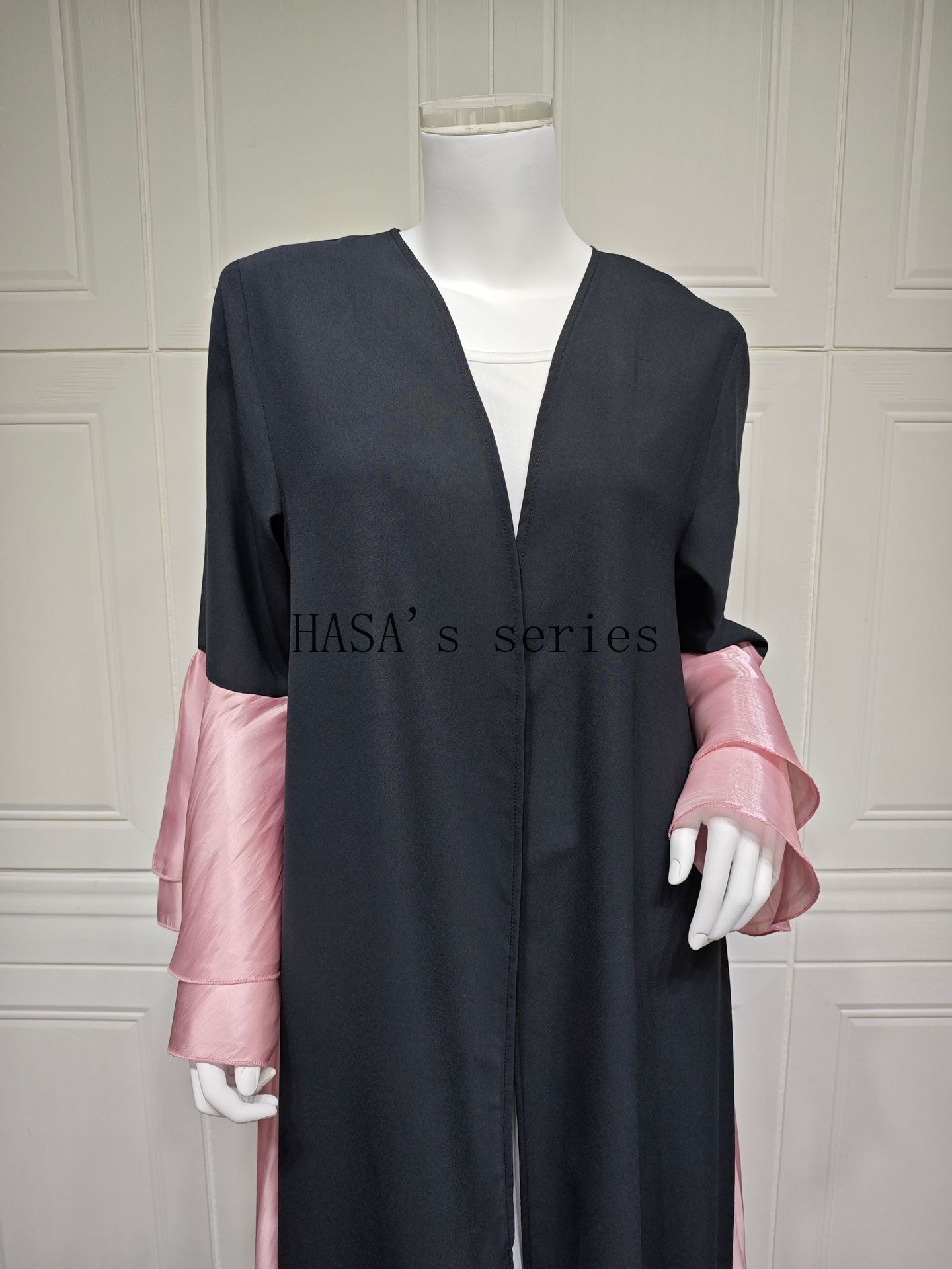 HS5106 A Soft and Elegant Long Satin Dress with Classic Design and Ruffled Sleeves.