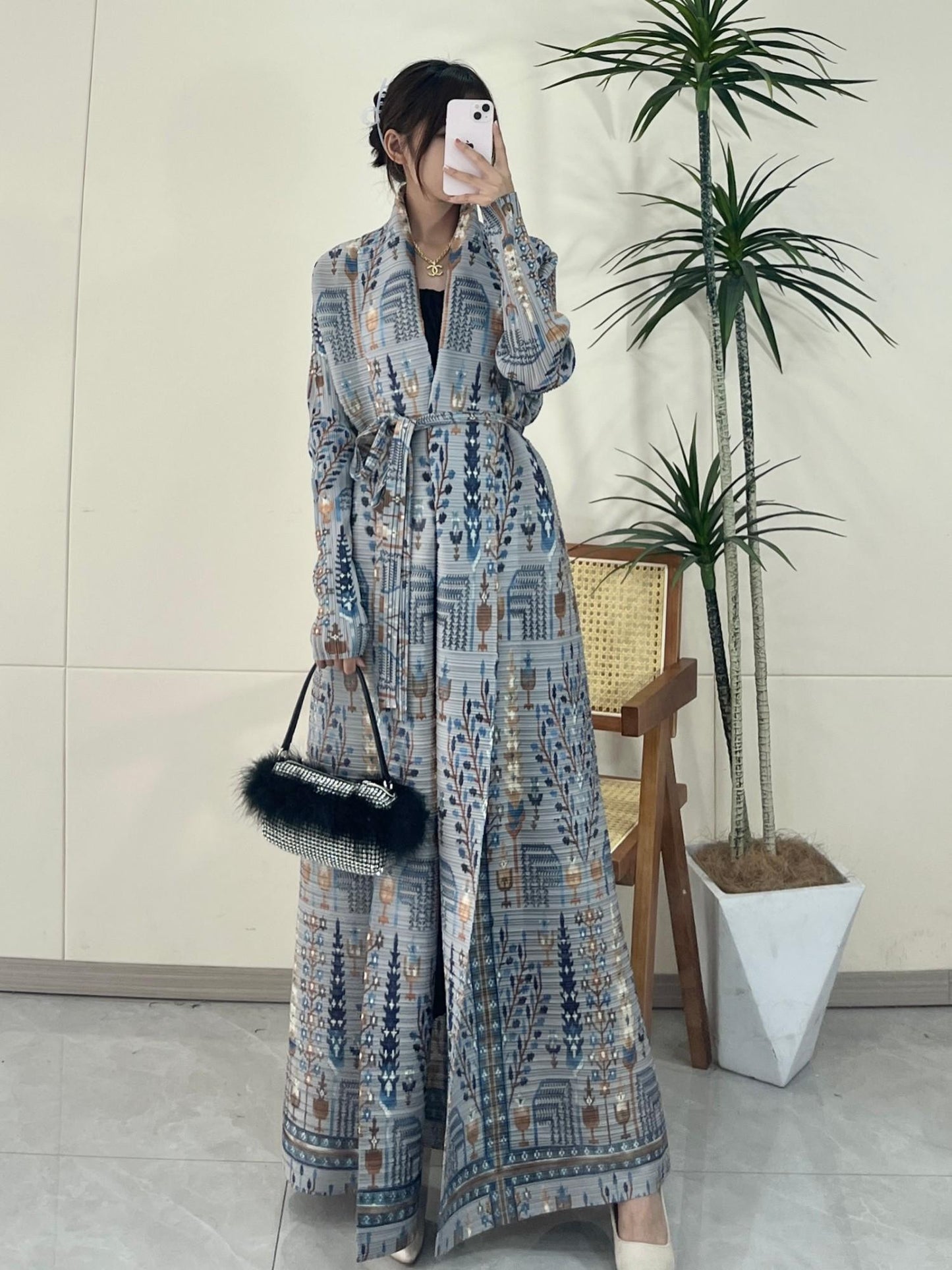 HS5842 Vintage-style Textured Open-front Long Coat