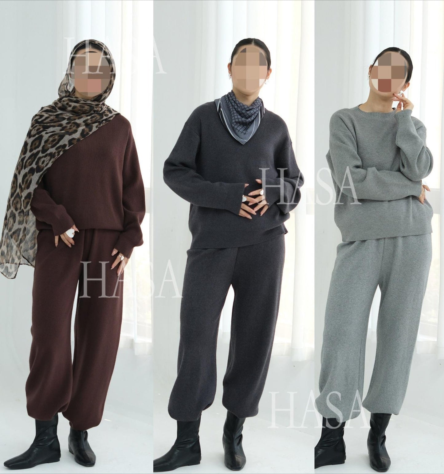 HA6595 Autumn and Winter Thickened Knitted Suit (Not Including Headscarf) | Simple Solid Color Two-Piece Suit