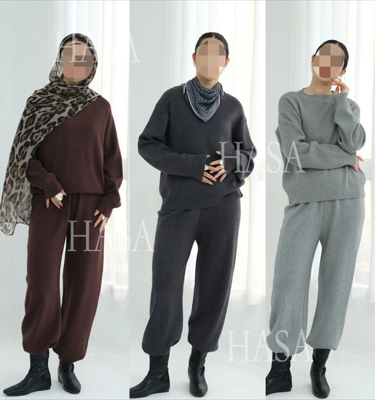 HA6595 Autumn and Winter Thickened Knitted Suit (Not Including Headscarf) | Simple Solid Color Two-Piece Suit