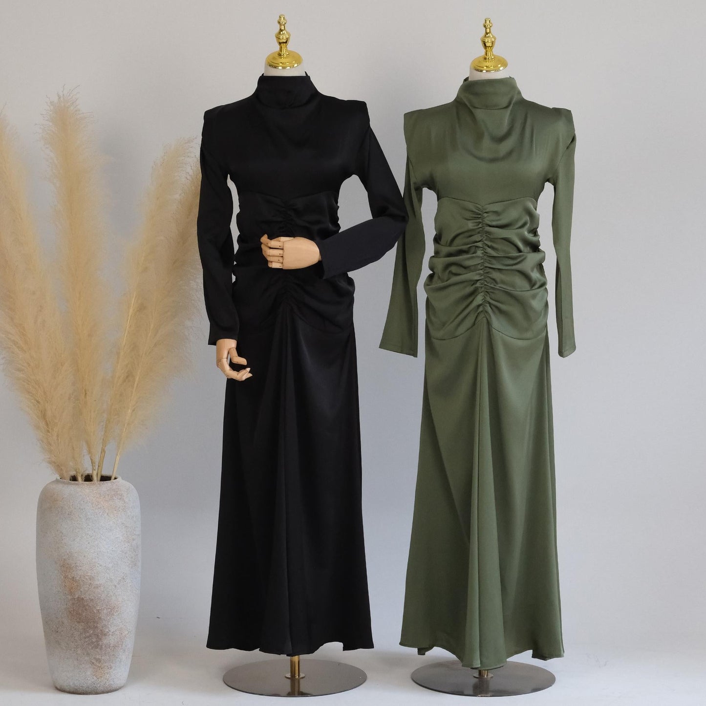 HAYA HAYA1020 Solid Color High Neck Slimming Robe Dress