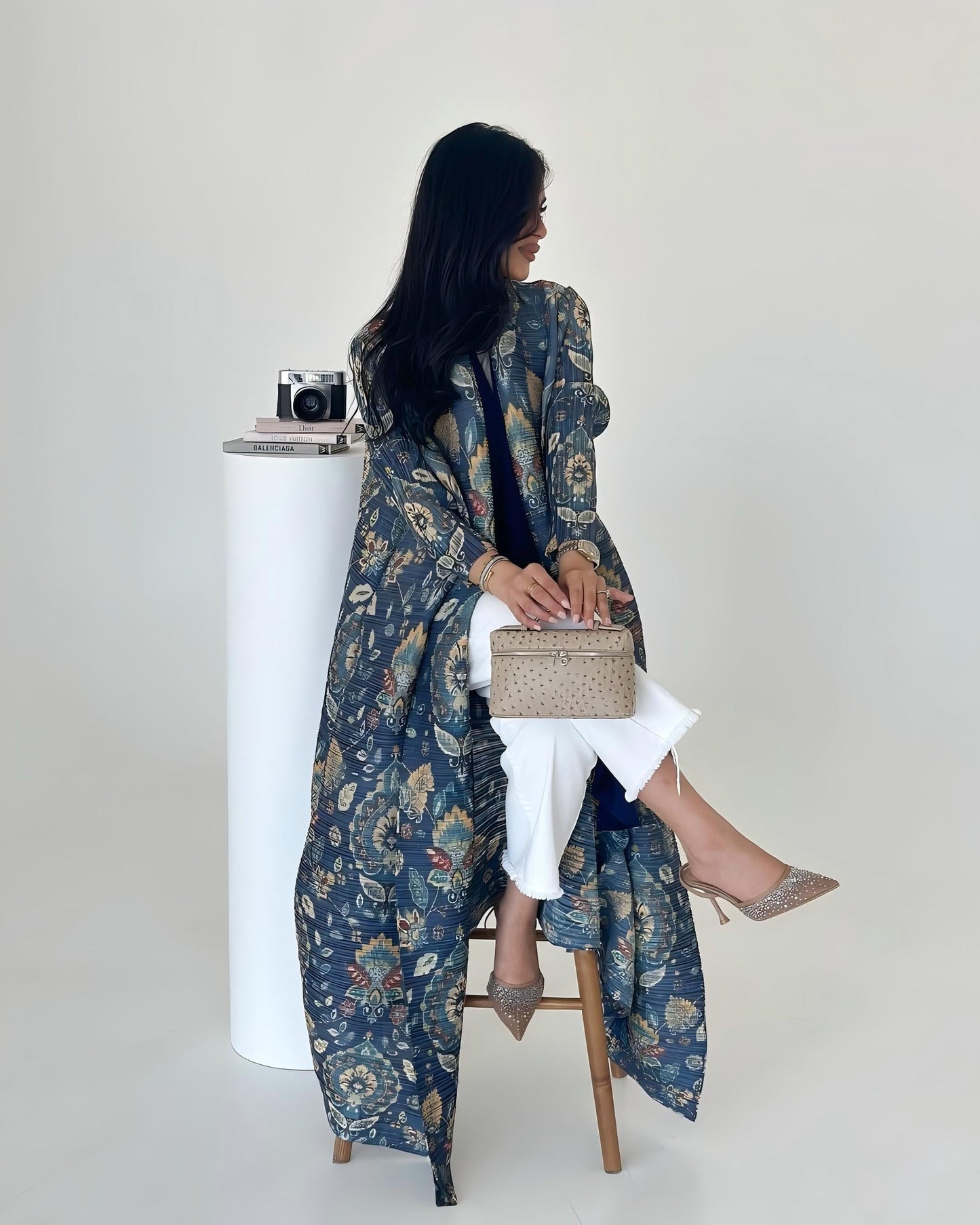 HS6708 Botanical Elegance , Teal Floral Kimono-Style Abaya