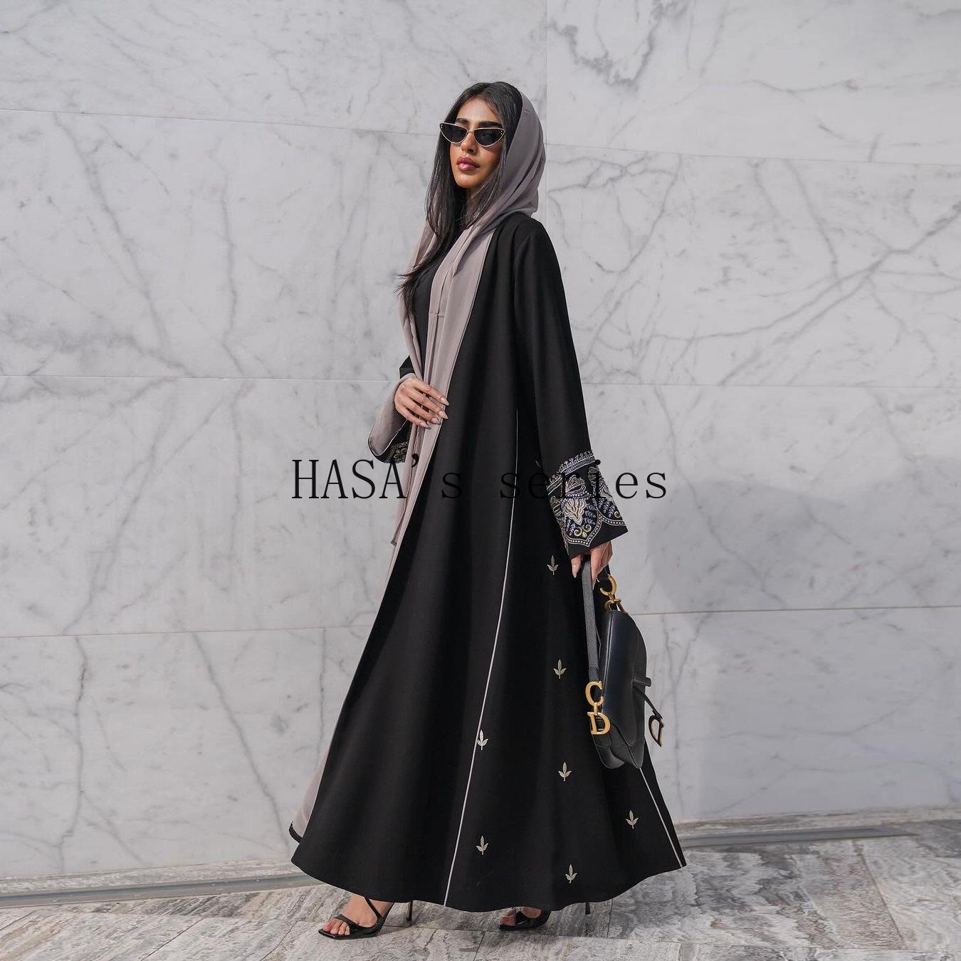 HS5090 Classic black embroidered patchwork robe, designed as a loose, open-front dress.