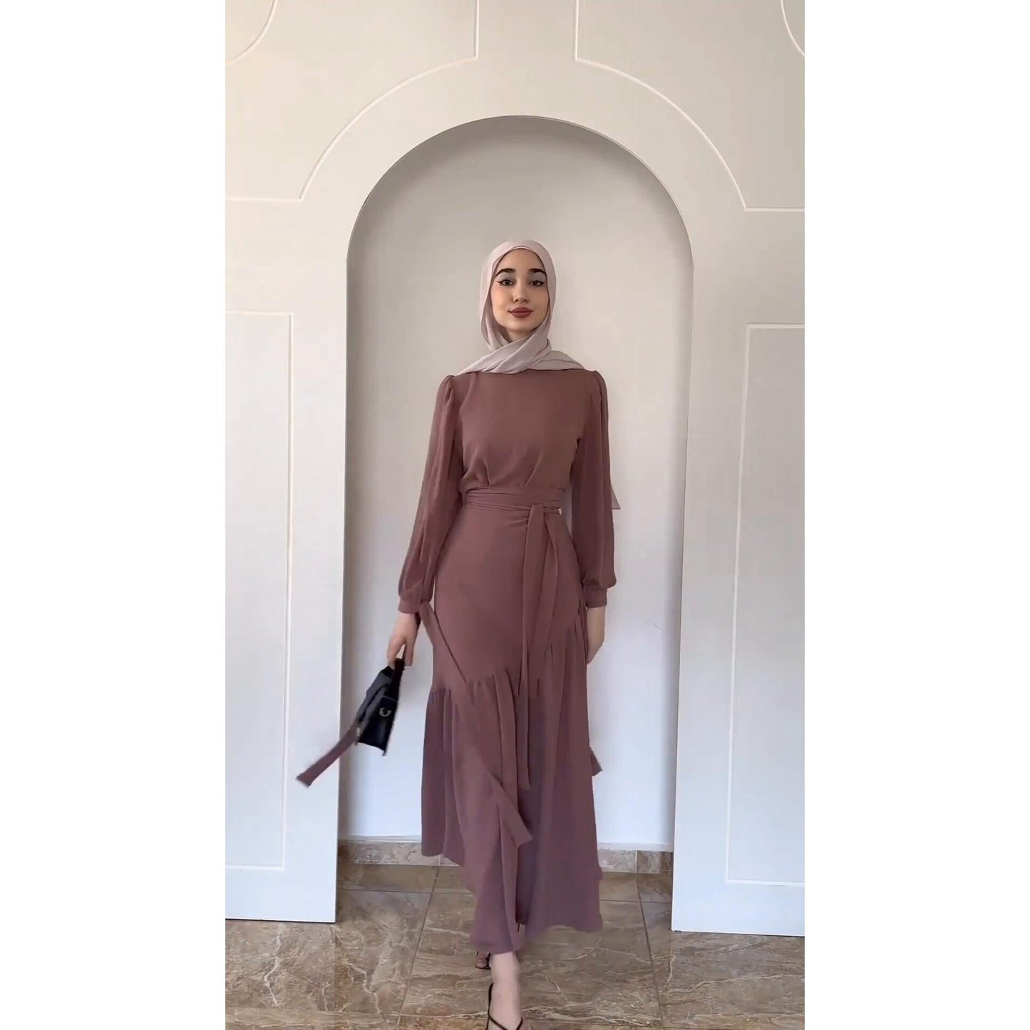 HAYA HAYA0823 2pcs Set Long Sleeved with Lace Up Half Length Dress