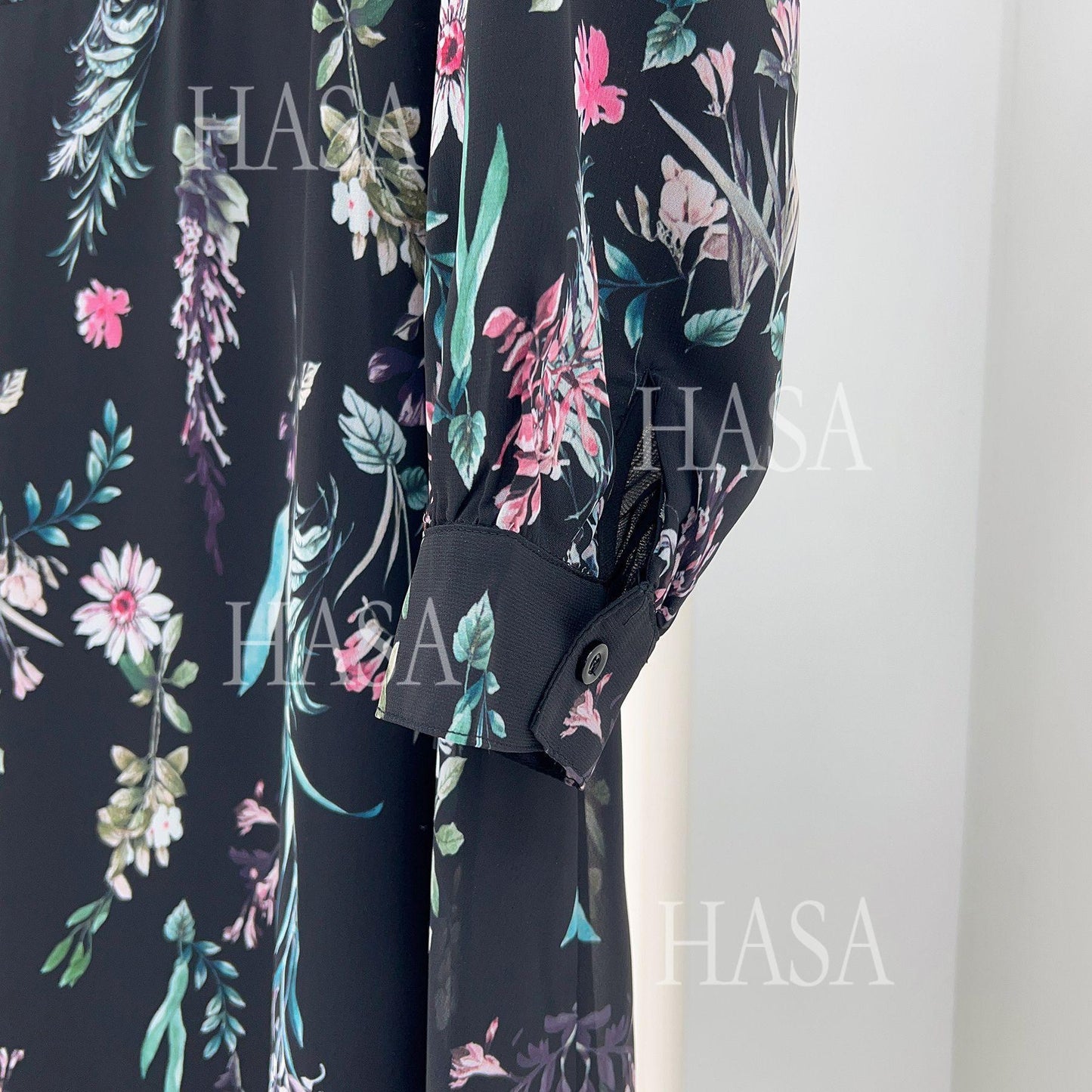 HA6531 Chiffon Printed Ankle-Length Maxi Dress with Long Sleeves
