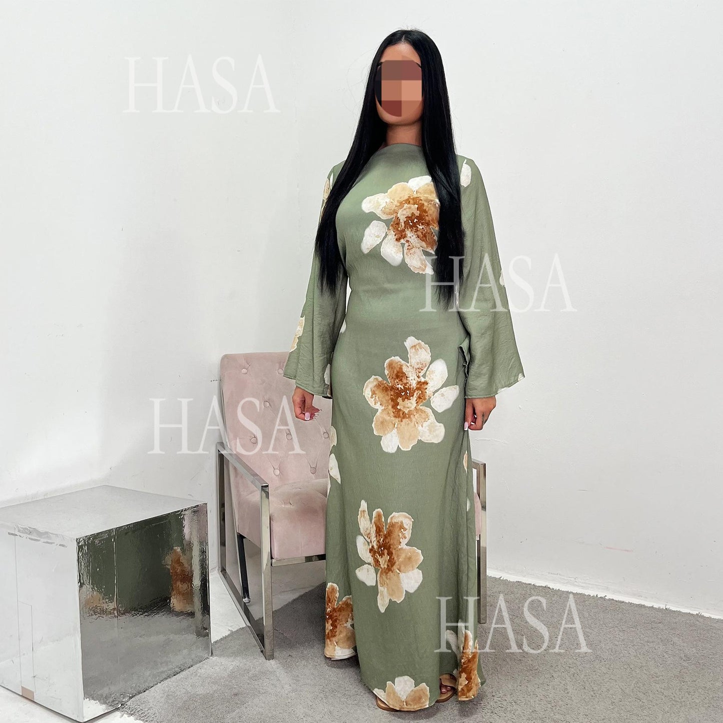 HA6503 Long-sleeved Waist-length Printed Dress (one Piece)