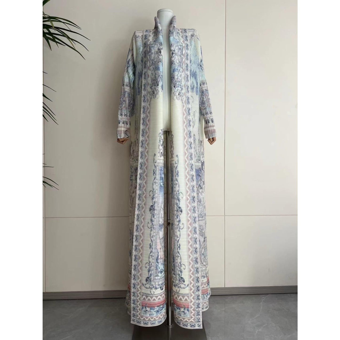 HS5840 Light-colored, All-over Print, Open-front Long Coat