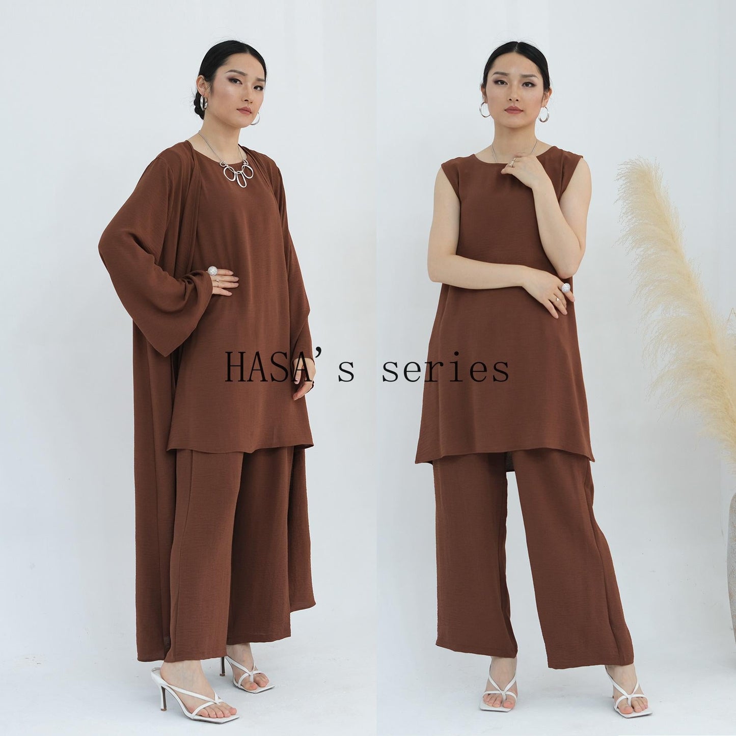 HS5107 Minimalist Style Three-piece Set | Solid Color Long Coat Paired with A Loose Two-piece Suit.