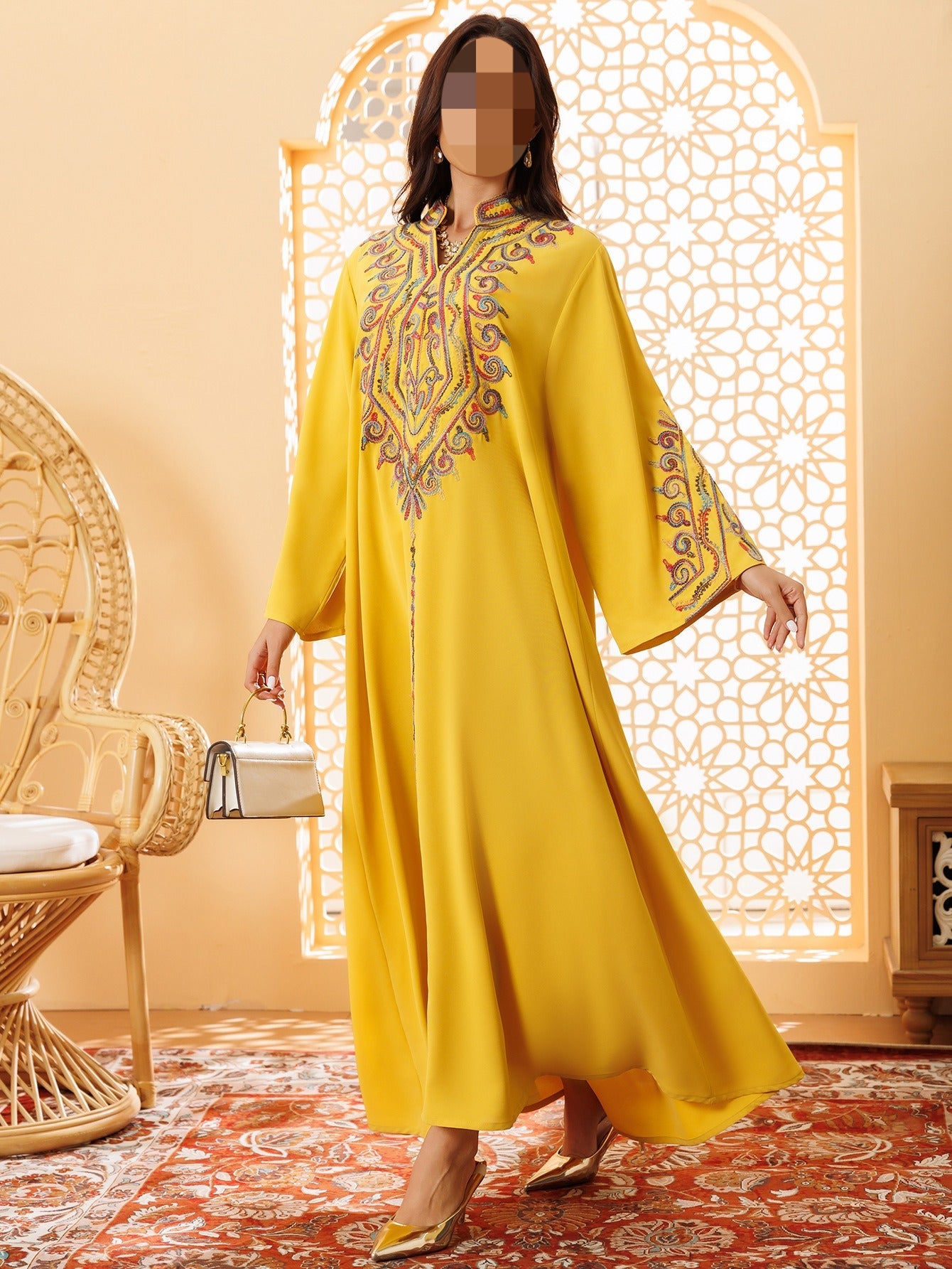 HA6669 Pullover Embroidered Robe Dress with Simple Long Sleeves