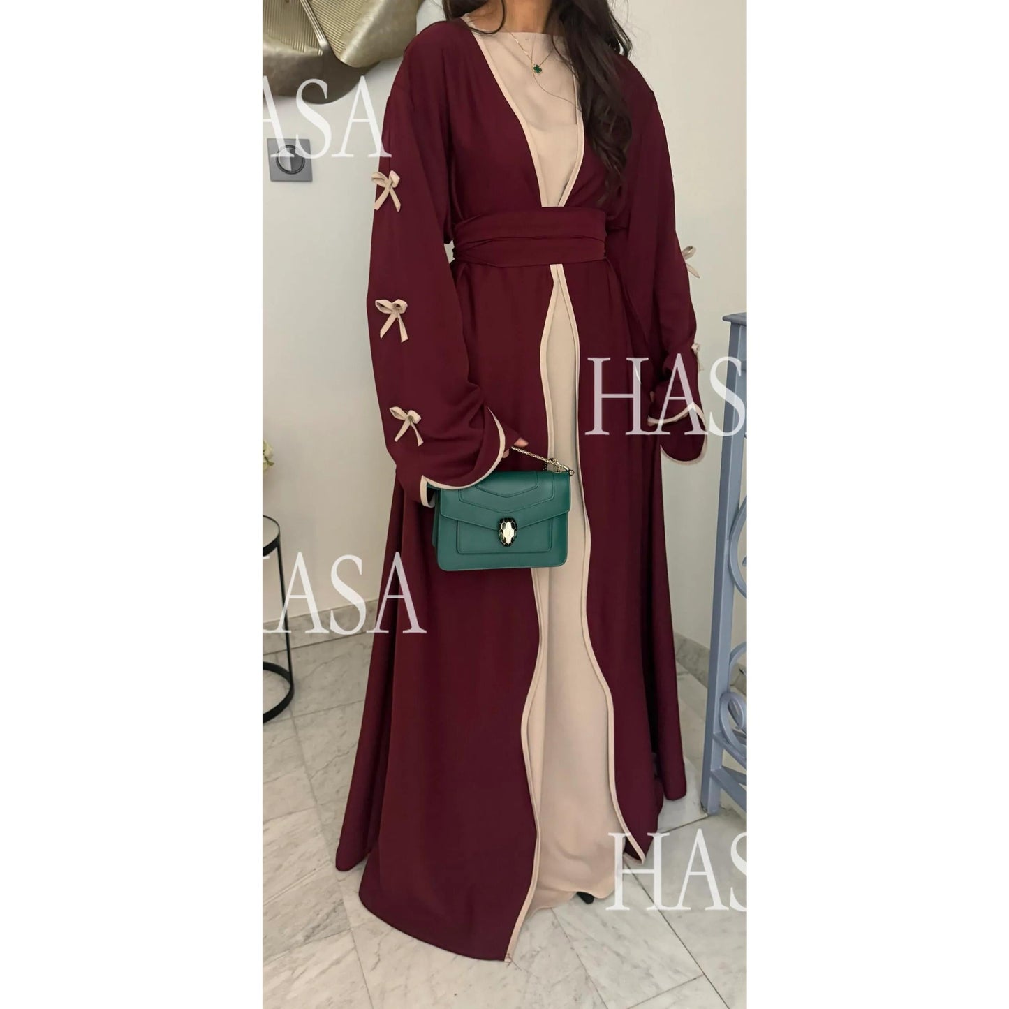 HA5883  A Two-piece Robe and Skirt Set with A Soft Bow and A Belt Design open abaya outfit