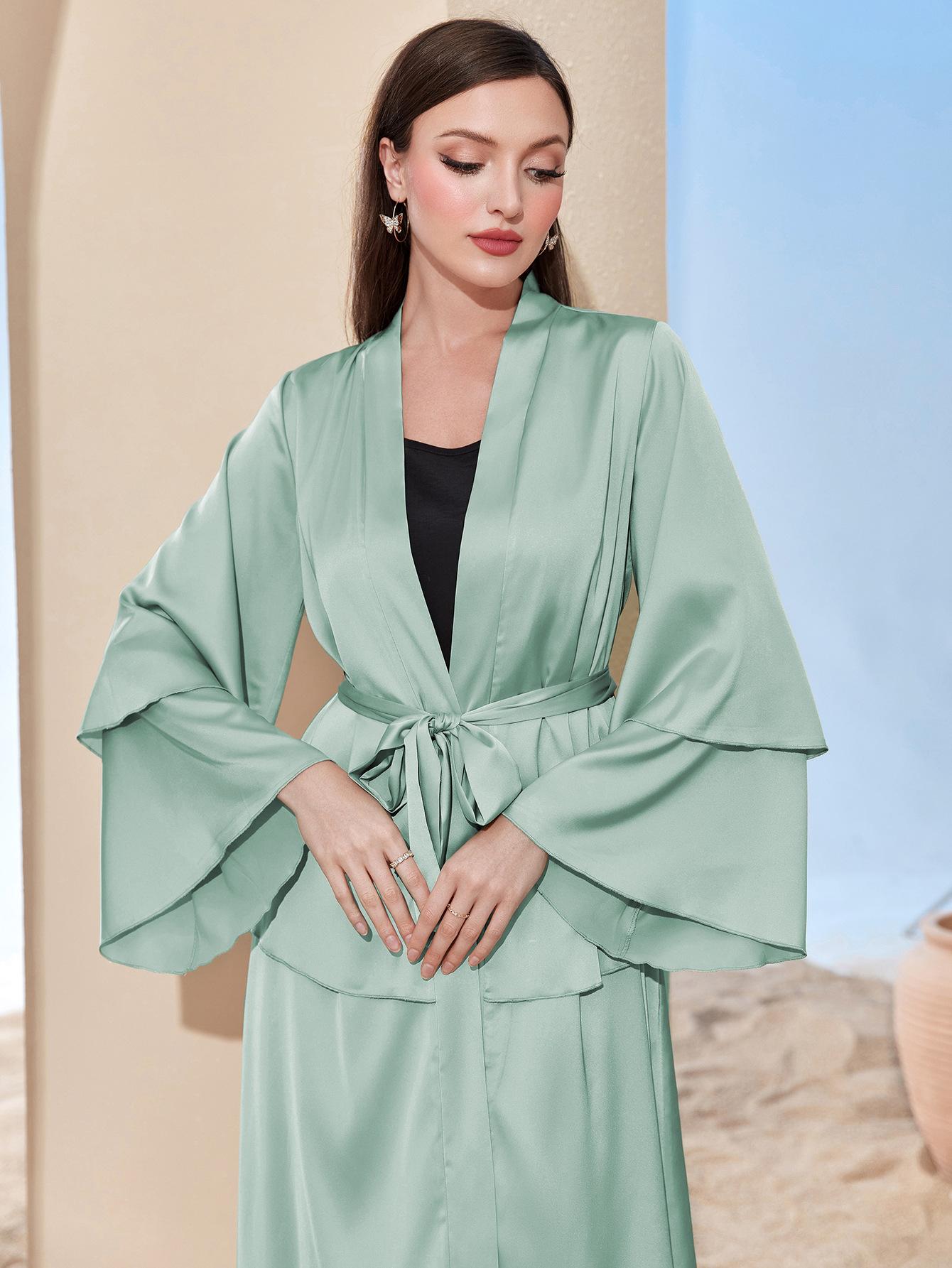 HAYA HAYA0480 Elegant Satin Silk Fabric Three Layer Open Abaya with Two Layer Sleeves